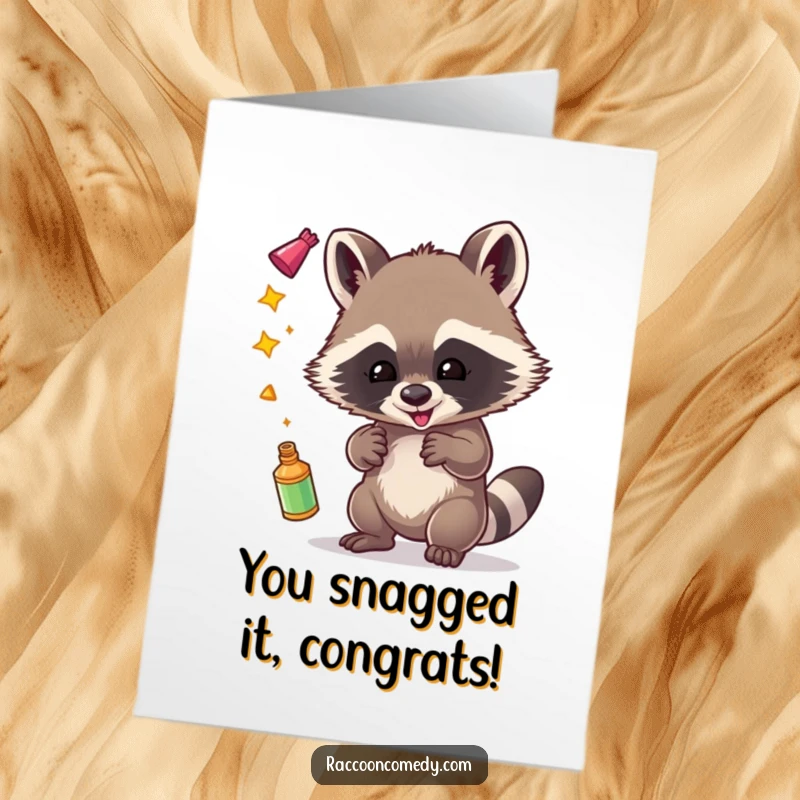 Funny Free Printable Congrats Card: A playful raccoon expertly juggling sparkling items with a look of pure mischief.