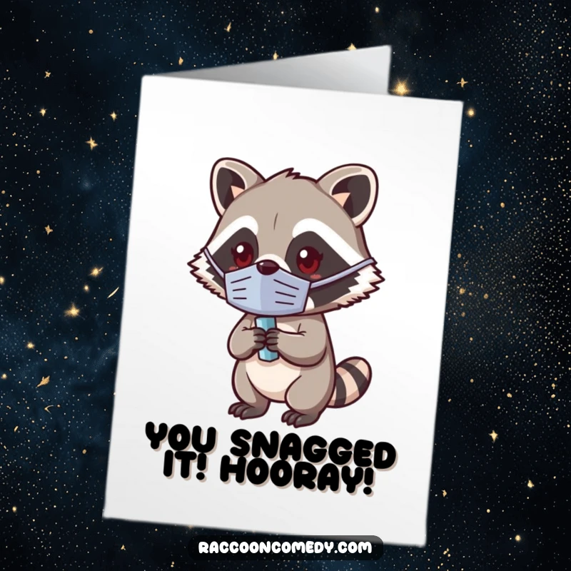 Funny Free Printable Congrats Card: A kawaii raccoon wearing a mask holds a shiny stolen prize, celebrating a win.