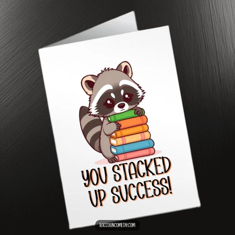Funny Free Printable Congrats Card: Raccoon tips over stacked items in a hilarious congratulatory gesture, downloadable art.