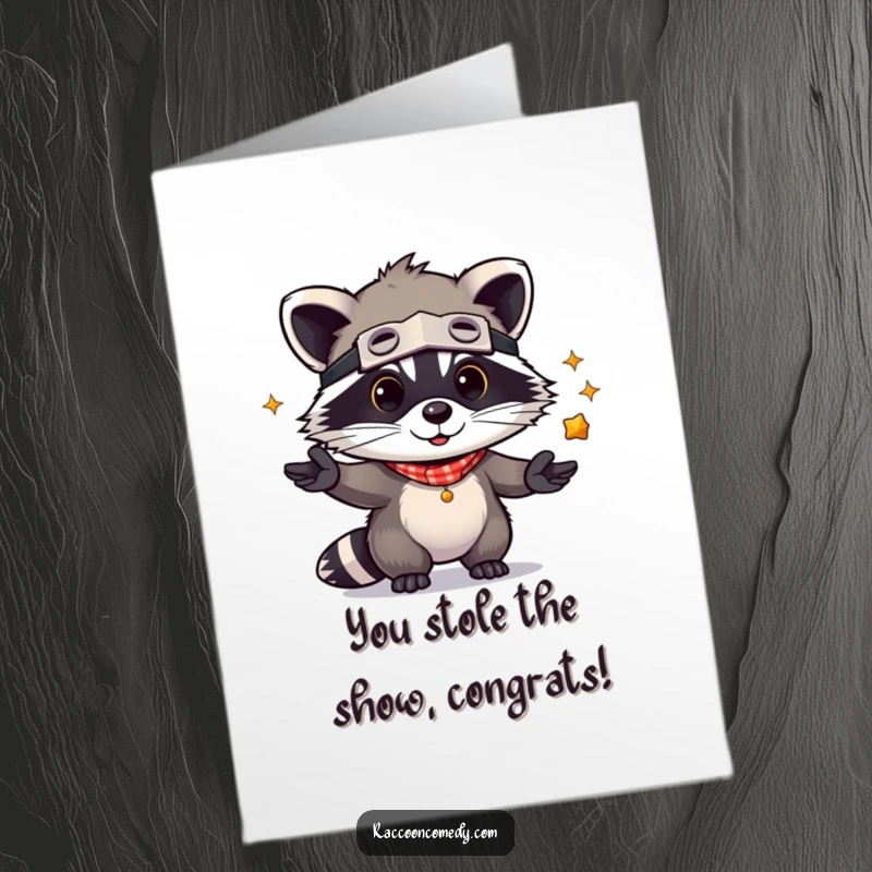 Funny Free Printable Congratulations Card: Kawaii raccoon in bandit mask juggling shiny objects, celebrating success with humor.