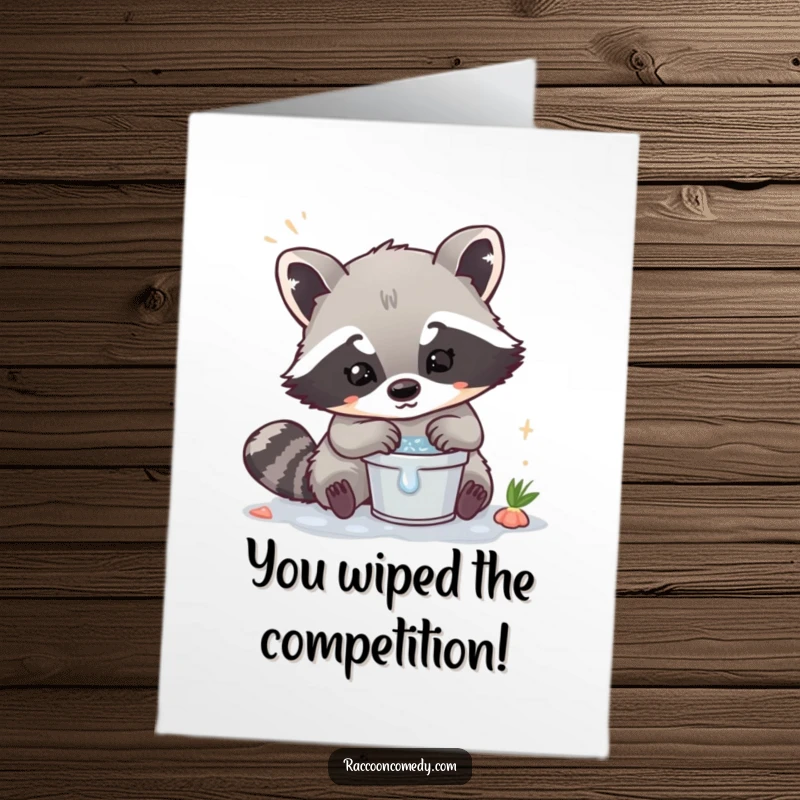 Funny Free Printable Congrats Card: A kawaii raccoon happily washes an item clean in a tiny bucket, celebrating success.