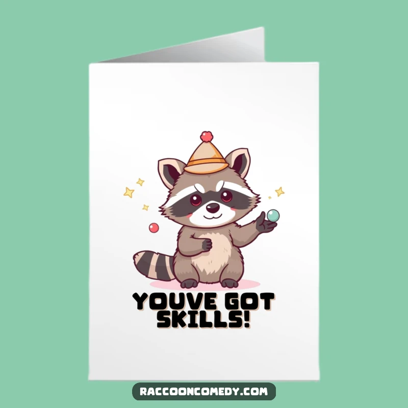 Free Printable Congrats Card: Juggling Raccoon Shiny Objects Funny Gift