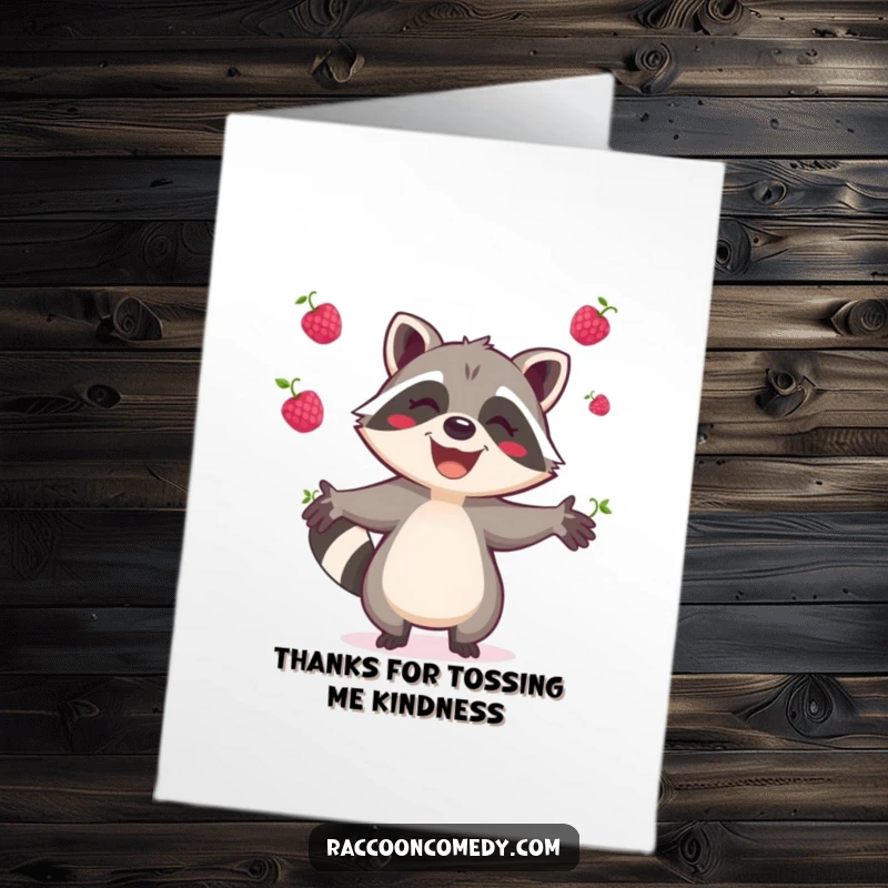 Funny Free Printable Thank You Card: A happy raccoon juggles berries, offering thanks with a cheerful display.