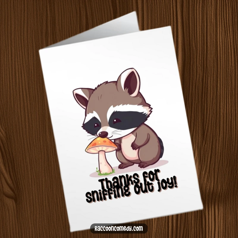 Funny Free Printable Thank You Card: Curious raccoon enchanted by a glowing mushroom, expressing thanks with awe.