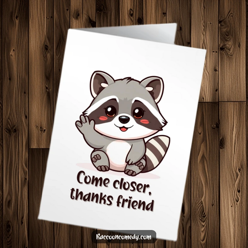Funny Free Printable Thank You Card: Friendly raccoon beckoning, inviting a warm thank you, DIY downloadable.