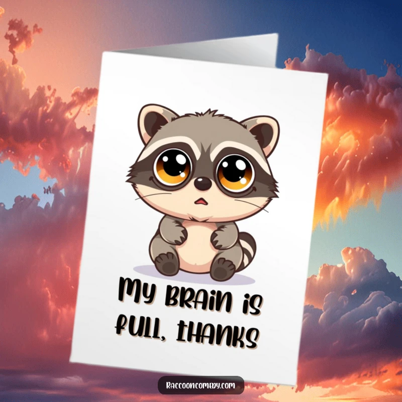 Funny Free Printable Thank You Card: Kawaii raccoon wearing oversized googly eyes, looking bewildered with thanks.