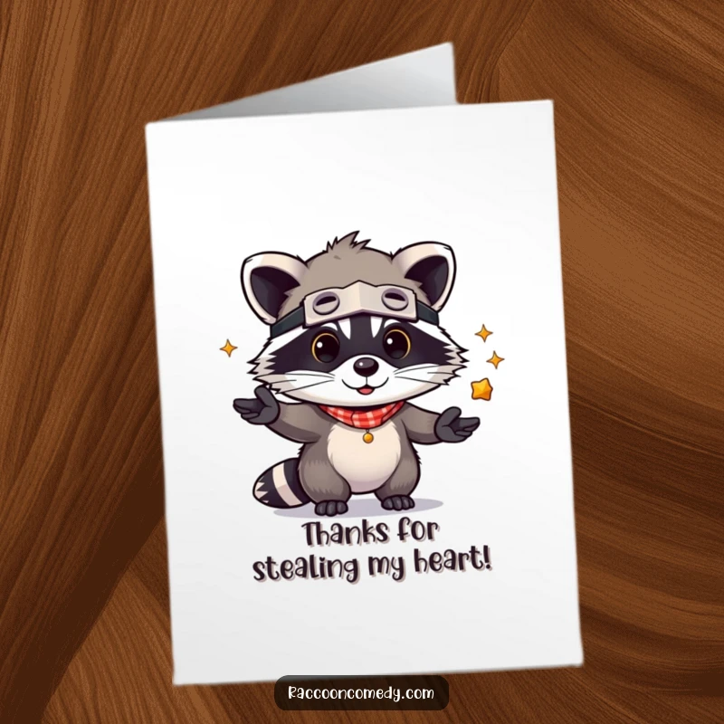 Funny Free Printable Thank You Card: Kawaii raccoon in bandit mask juggling shiny objects, a cute DIY thank you.