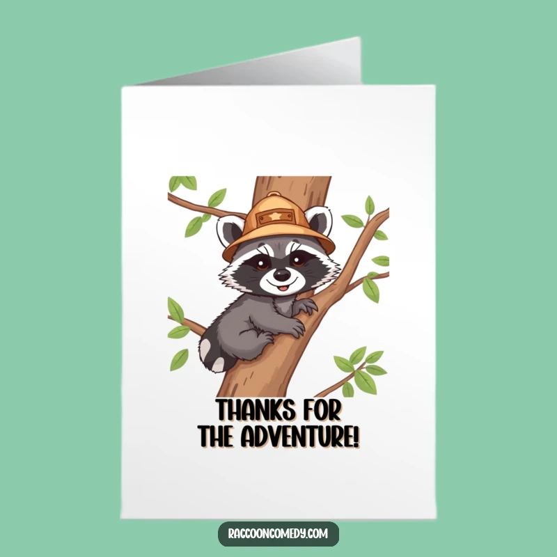 Free Printable Thank You Card: Raccoon Explorer Cub Climbing Tree - Downloadable Appreciation Gift