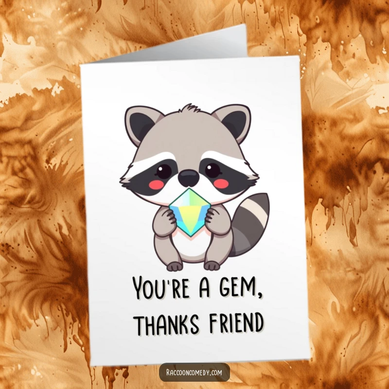 Funny Free Printable Thank You Card: Kawaii raccoon smiling, presenting a shiny gem as a thank you, DIY downloadable.