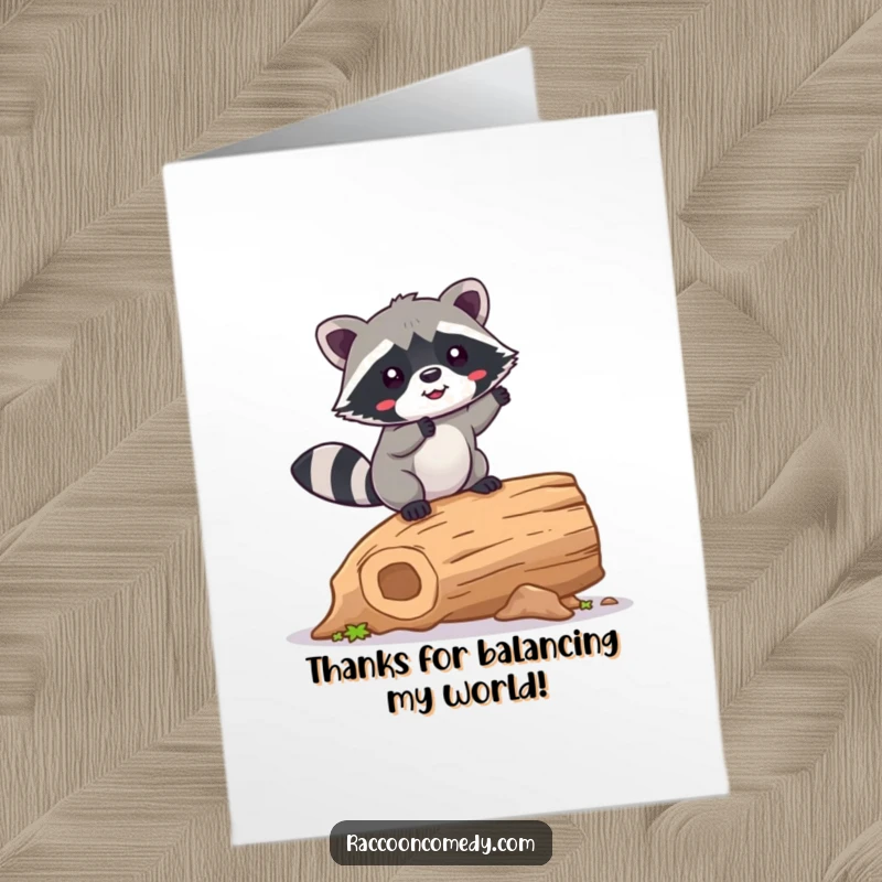 Funny Free Printable Thank You Card: A kawaii raccoon wobbling happily on a hollow log, a humorous DIY thank you.