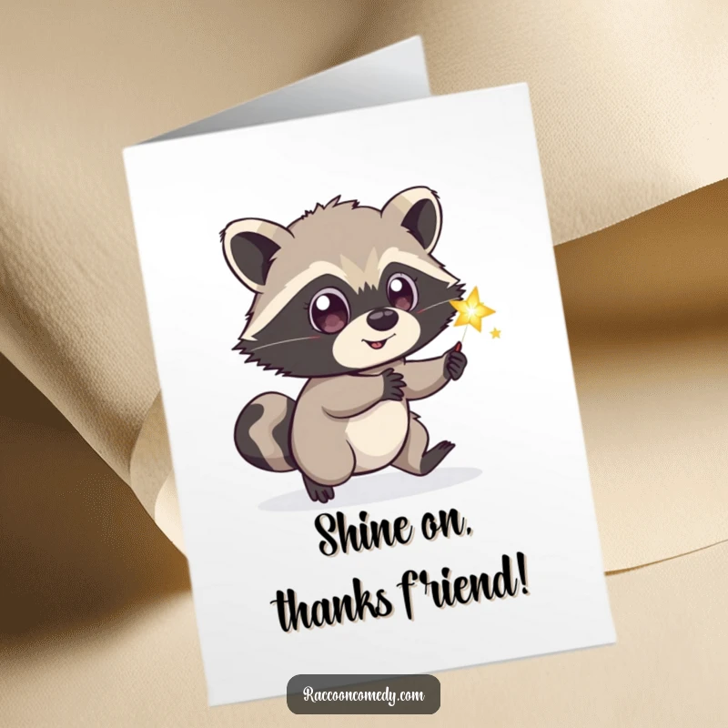 Funny Free Printable Thank You Card: A curious raccoon with wide eyes chasing a tiny, sparkling firefly, showing playful appreciation.