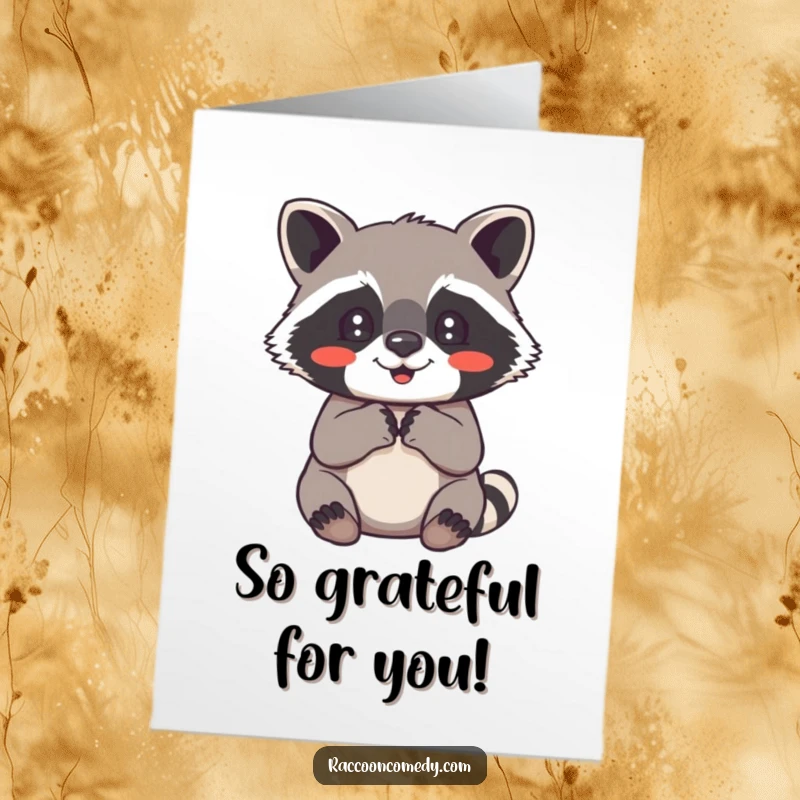 Funny Free Printable Thank You Card: Delighted raccoon with paws together, conveying heartfelt thanks.
