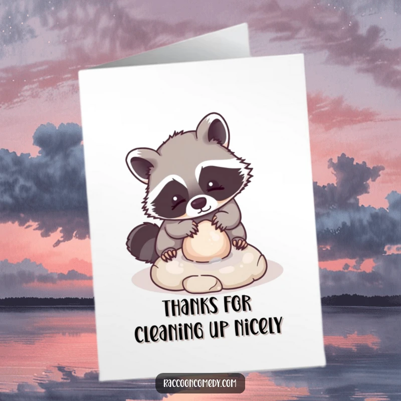 Cute free printable thank you card: A kawaii raccoon playfully scrubs a small, smooth stone.