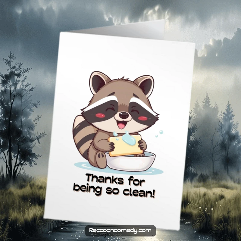 Funny Free Printable Raccoon Thank You Card: Happy raccoon washing soap, a unique and humorous way to express gratitude.