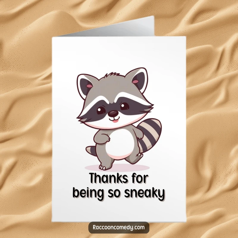 Funny Free Printable Thank You Card: Kawaii raccoon sneaking a thank you note with exaggerated stealth and a sweet grin.