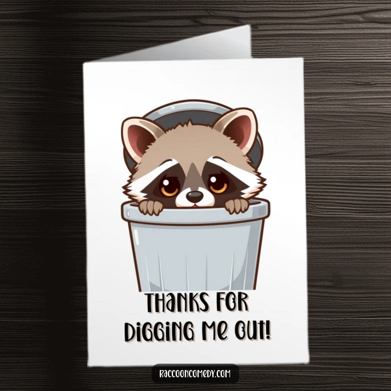 Funny Free Printable Thank You Card: A kawaii raccoon peeking from a trash can, a humorous DIY thank you.