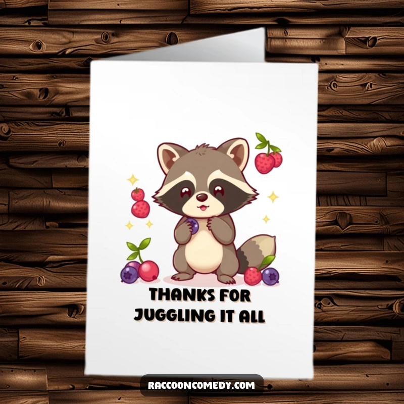 Funny Free Printable Thank You Card: A kawaii raccoon juggles glowing berries, offering thanks with a dazzling display.