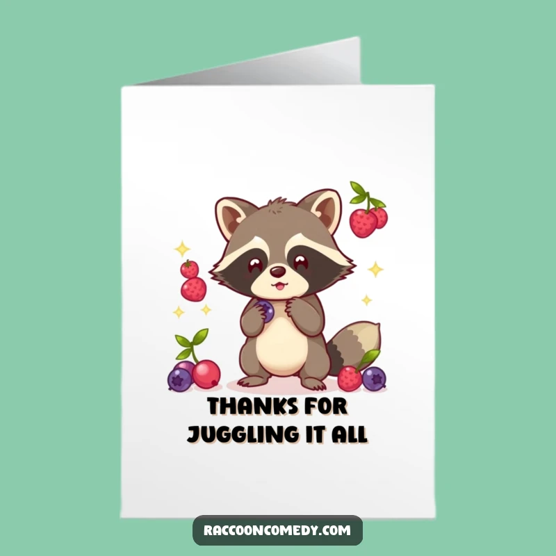 Free Printable Thank You Card: Funny Kawaii Raccoon Juggler, Grateful Downloadable Gift