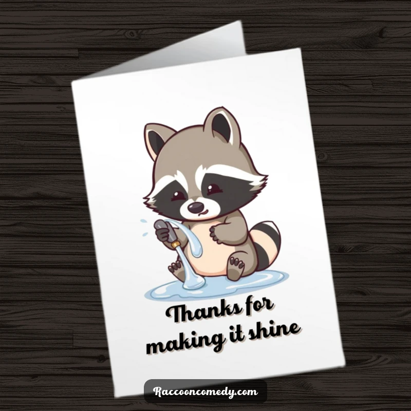 Funny Free Printable Thank You Card: A cute raccoon enthusiastically washing a sparkling object, perhaps a coin or a jewel, with great care.