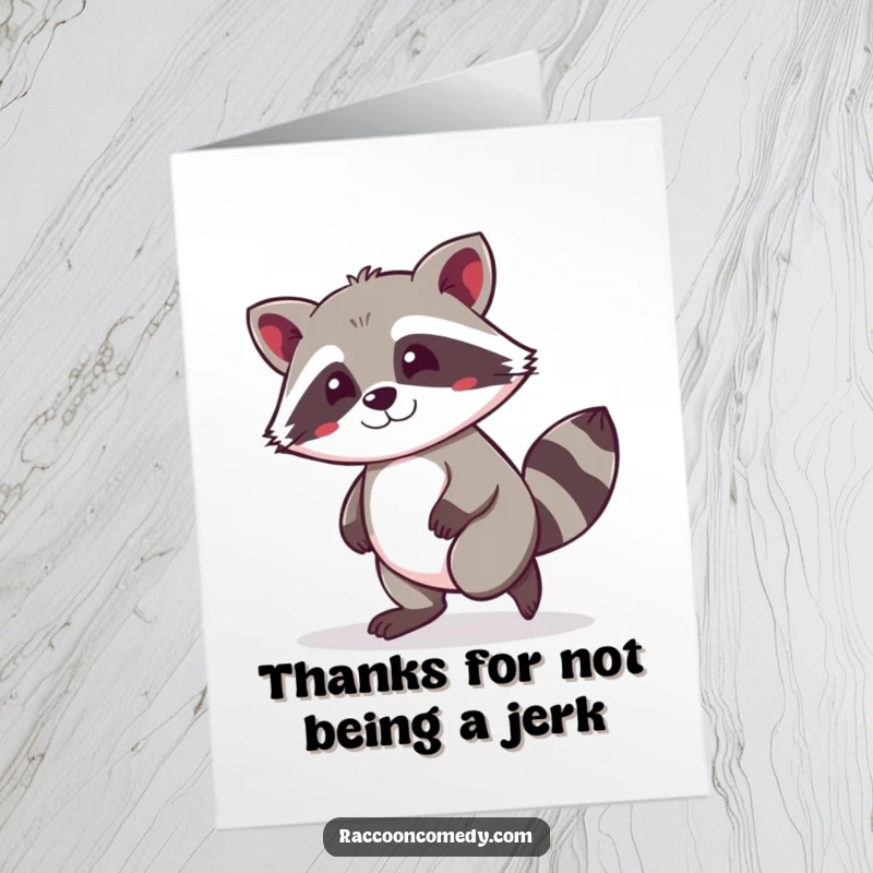 Funny Free Printable Thank You Card: Kawaii raccoon tiptoeing with a mischievous grin, expressing thanks.