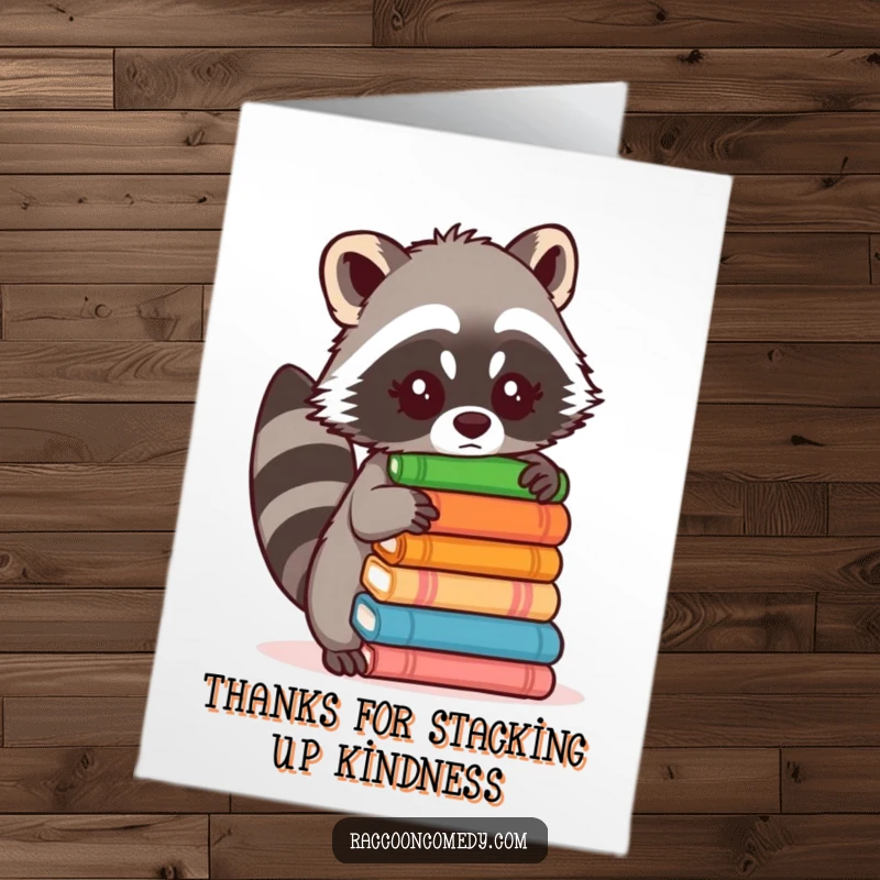 Funny Free Printable Thank You Card: Raccoon drops stacked items, a comical thank you, DIY downloadable.