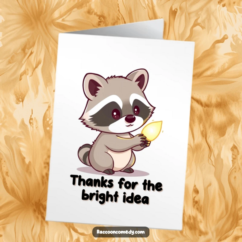 Funny Free Printable Thank You Card: A small raccoon gazing with wide-eyed wonder at a softly luminous object, radiating innocent curiosity.