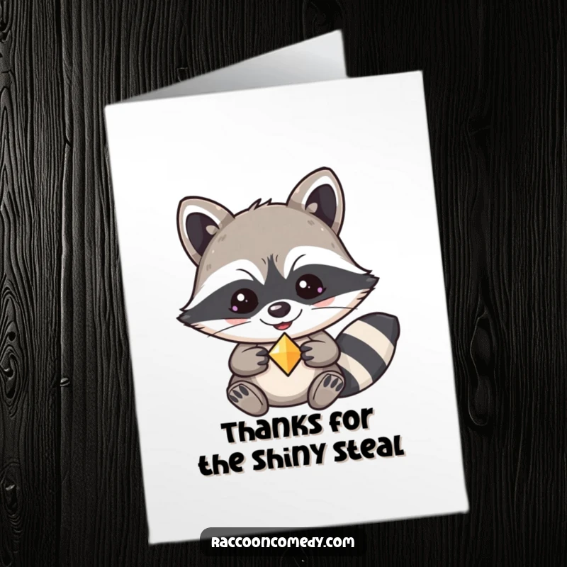 Funny Free Printable Thank You Card: Kawaii raccoon with a mischievous smile, presenting a shiny trinket as a thank you gift.