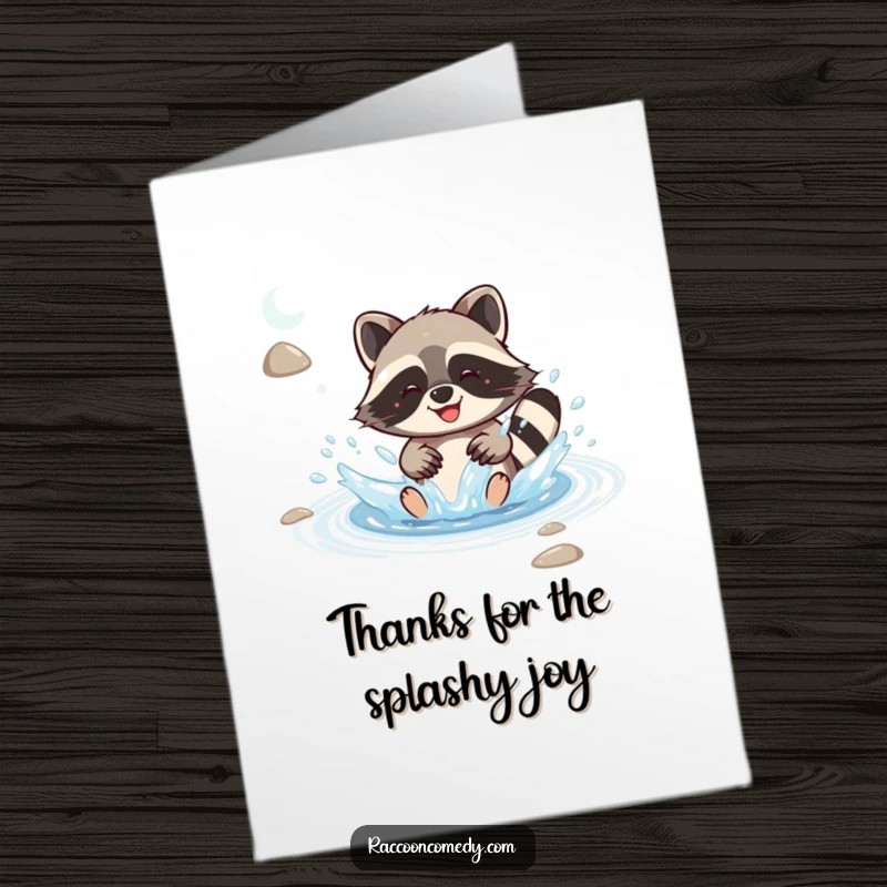Funny free printable thank you card: Kawaii raccoon splashing water happily in a stream, with water droplets flying everywhere.