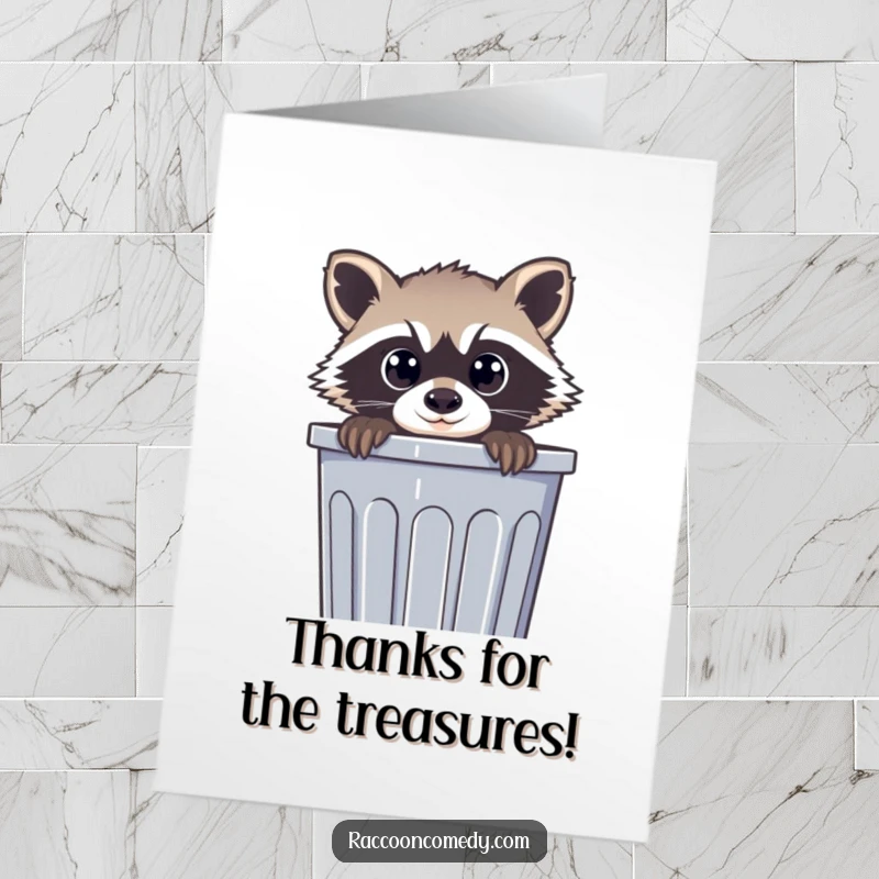 Funny Free Printable Thank You Card: Curious raccoon peeking from a trash can saying thank you.