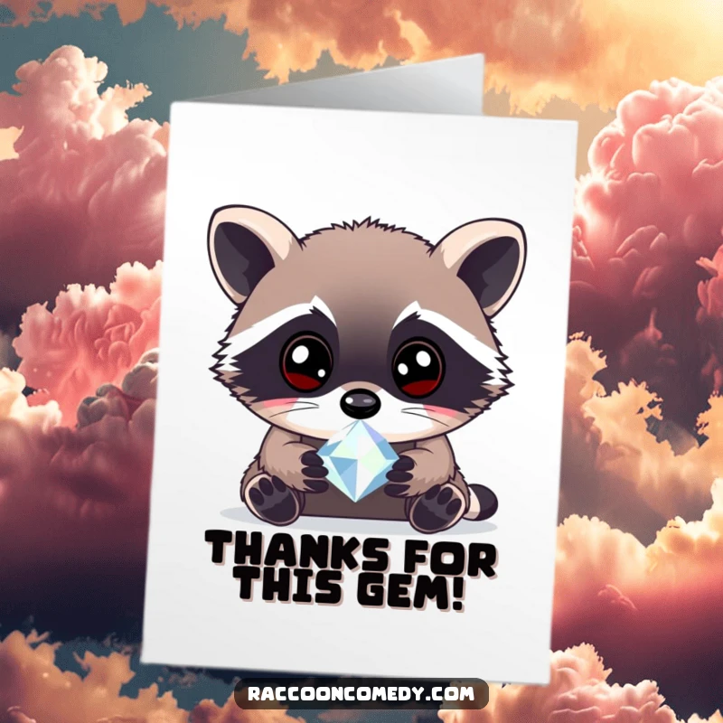 Funny Free Printable Thank You Card: A curious raccoon with wide, bright eyes examining a shiny, sparkling gem.