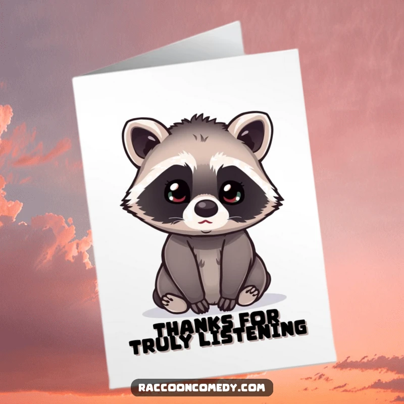 Funny free printable thank you card: Kawaii raccoon tilts its head, listening intently with a focused, curious expression.