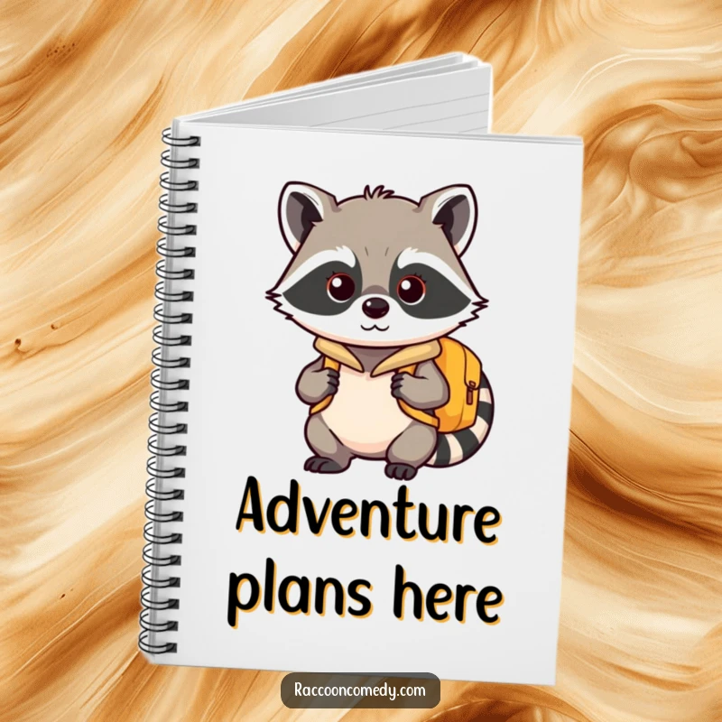 Funny kawaii raccoon notebook, featuring a tiny backpack, ready to record exciting travel adventures.