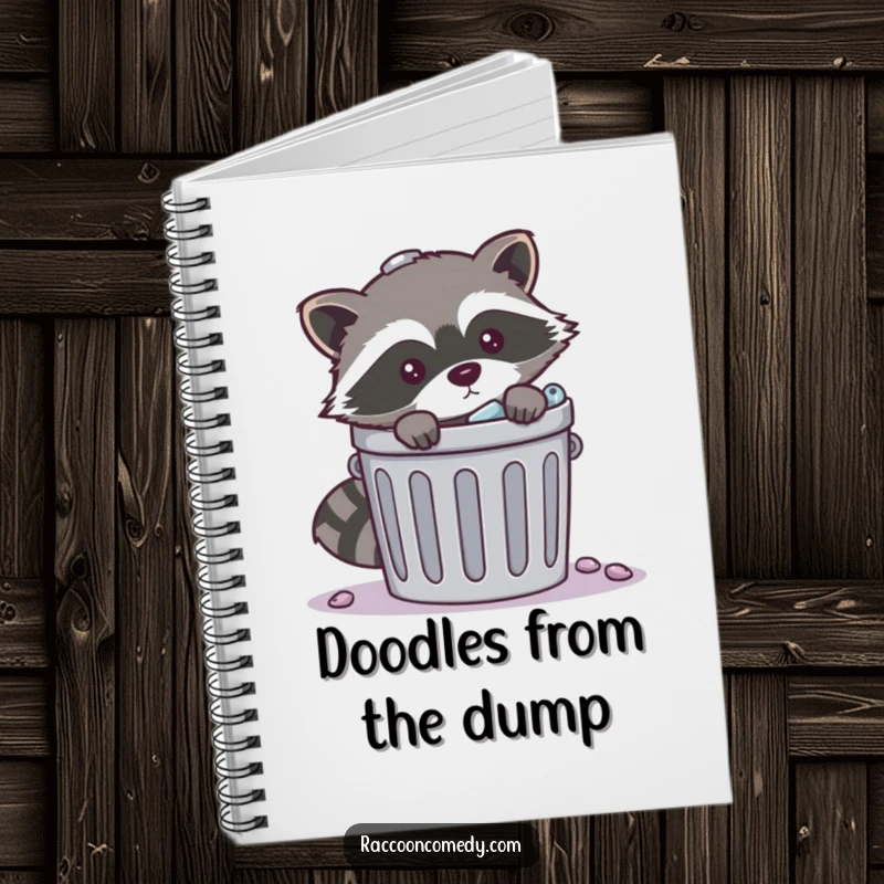 Funny mischievous raccoon trash notebook cover featuring a raccoon peeking from behind a trash can, for note-taking with a hint of banditry.