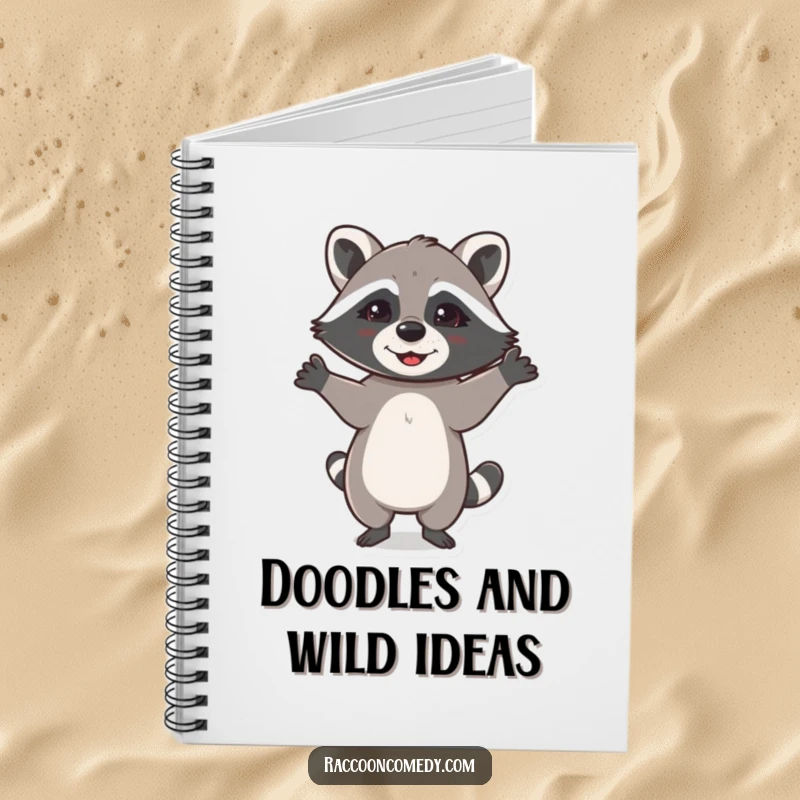 Funny notebook cover with a happy raccoon dancing with paws up, inspiring joyful and humorous entries.