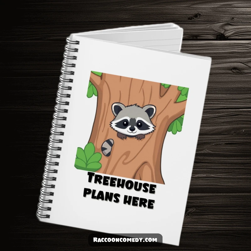 Funny kawaii raccoon notebook, peeking from behind a large stylized tree, perfect for jotting down woodland secrets.