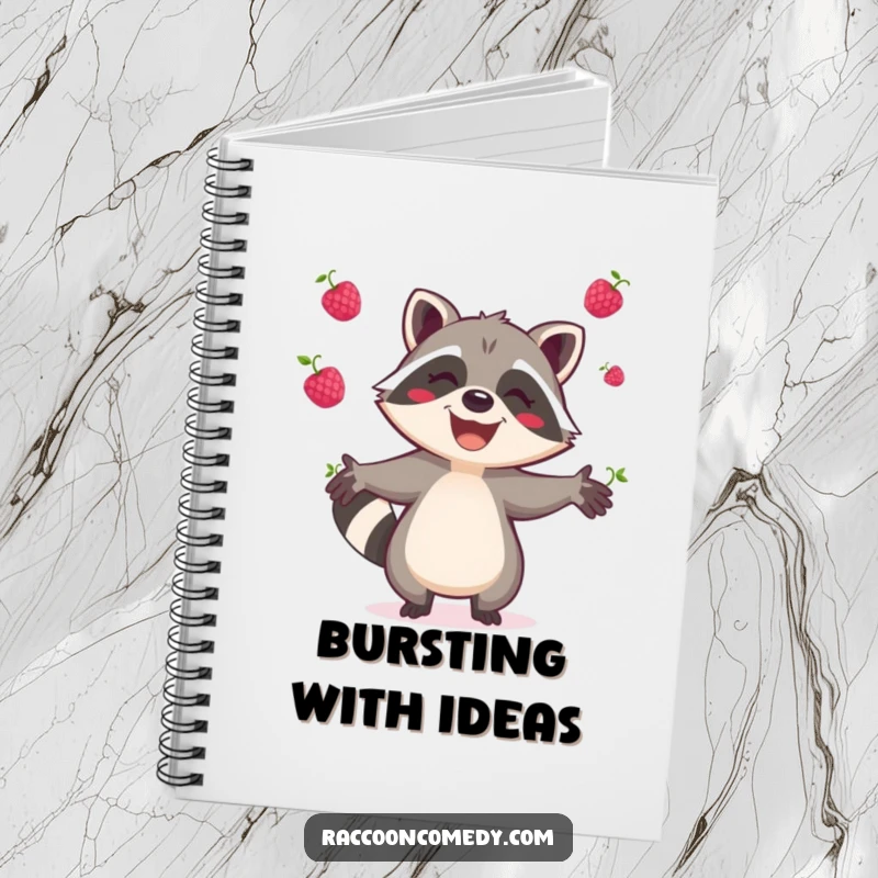 Funny raccoon notebook, perfect for writing, featuring a joyful raccoon gleefully juggling berries, for school or personal use.
