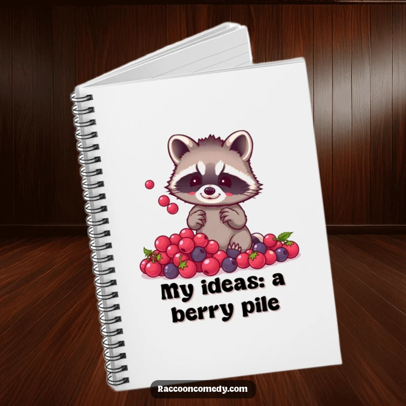 Funny raccoon berry juggling notebook cover featuring a small raccoon with tiny paws juggling shiny berries, for creative note-taking.