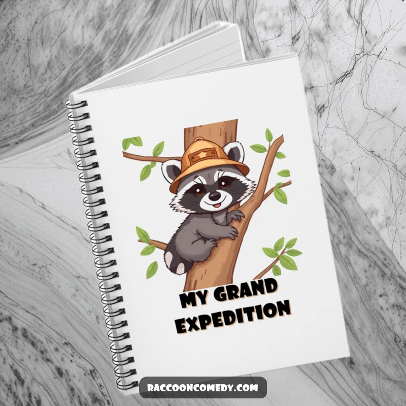 Funny notebook with a smiling raccoon cub explorer on the cover, climbing a tree, inspiring notes and creative writing.