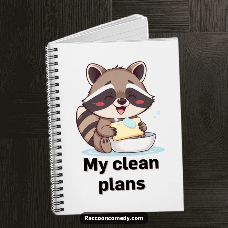 Funny notebook cover with a happy raccoon, wide grin, washing a bar of soap, ready to capture your brilliant ideas.