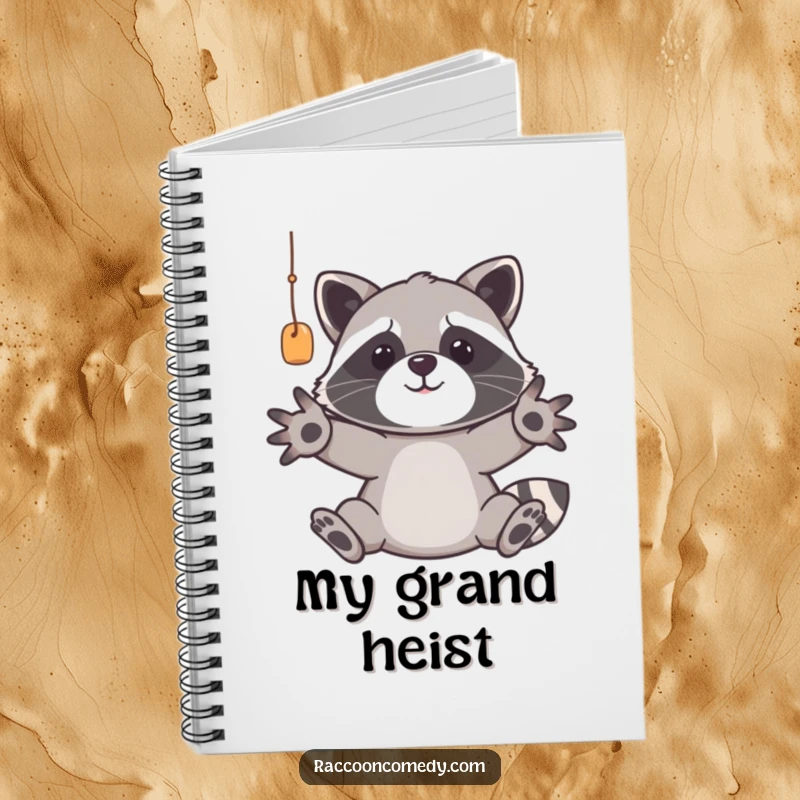 Funny raccoon notebook featuring a cute trash panda with outstretched paws, perhaps reaching for a pen or inspiration, ready to record funny thoughts.
