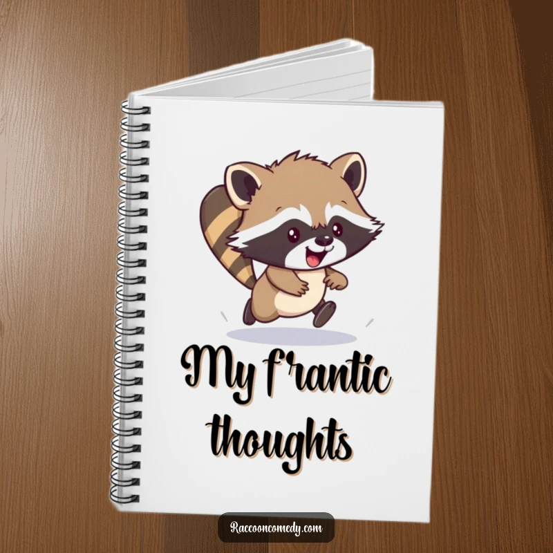 Funny notebook with an energetic raccoon cub in a clumsy scamper on the cover, perfect for jotting down exciting plans.