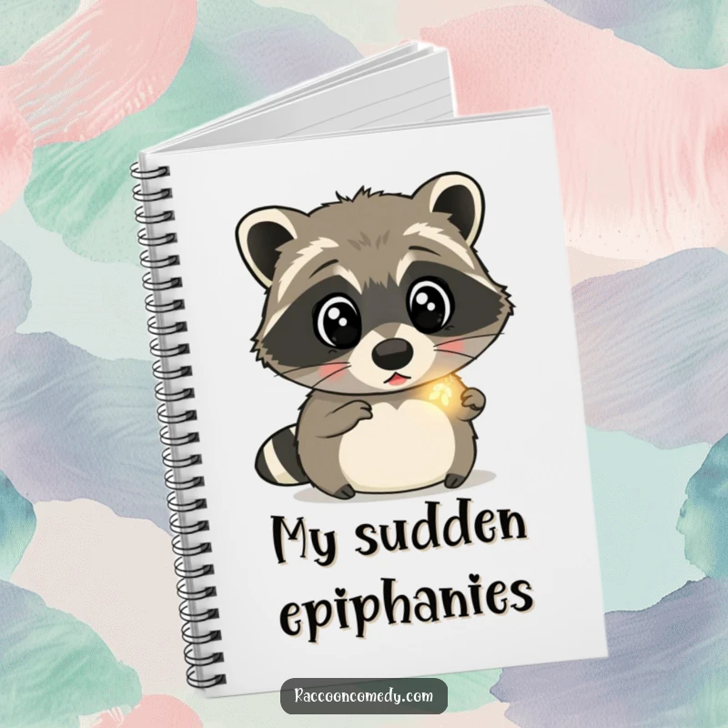 Funny raccoon notebook showing a surprised raccoon with wide eyes, observing a glowing firefly, perfect for journaling magical ideas.