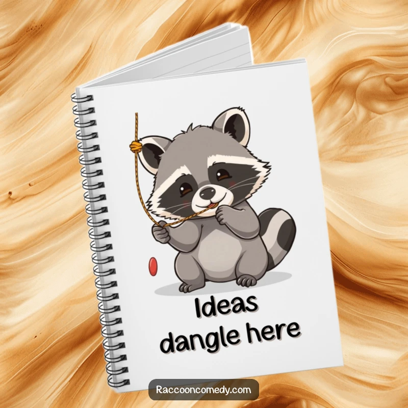 Funny kawaii raccoon notebook, playfully batting at a dangling string, perfect for jotting down playful thoughts.