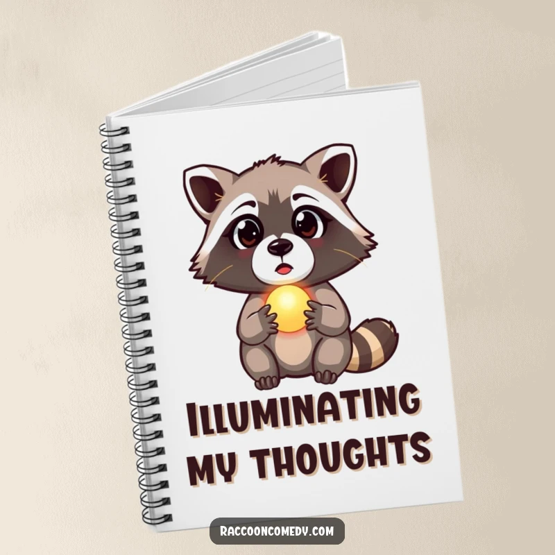 Funny raccoon notebook cover with a graphic of a surprised raccoon holding a tiny, glowing orb, a mysterious funny gift.