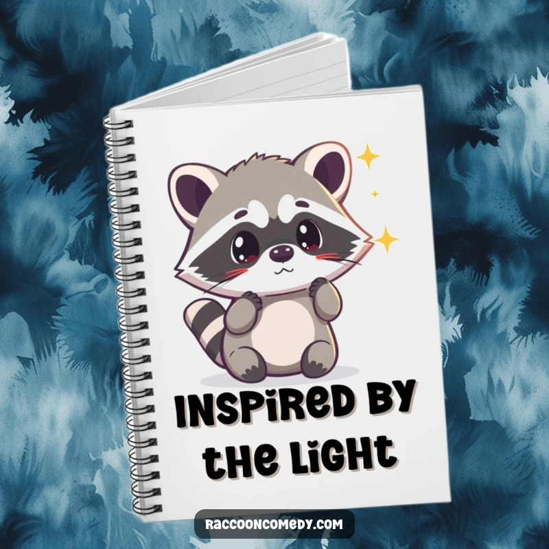 Funny kawaii raccoon looking surprised by a shimmering light on the cover of a lined notebook for jotting down magical ideas.
