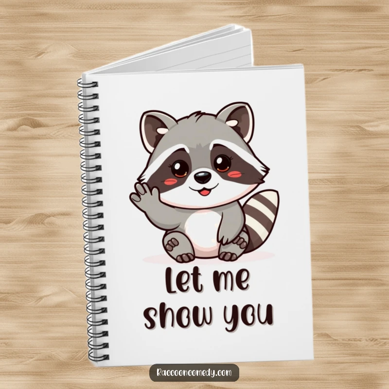 Funny notebook featuring a friendly raccoon making a beckoning gesture, perfect for jotting down welcoming thoughts and plans.