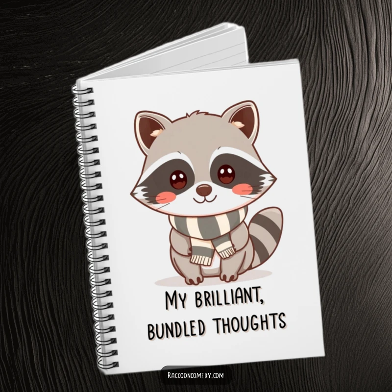 Funny kawaii raccoon with a cheeky smile and a striped scarf on the cover of a lined notebook for jotting down stylish ideas.