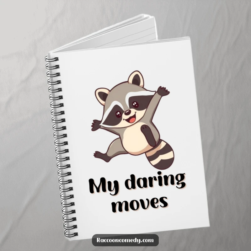 Funny notebook cover featuring a smiling raccoon performing a nimble acrobatic flip, ideal for notes and creativity.