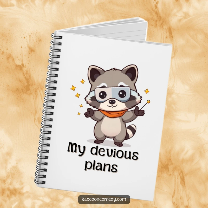 Funny kawaii raccoon wearing a bandit mask, humorously juggling pens on a cute notebook cover, great for journaling.