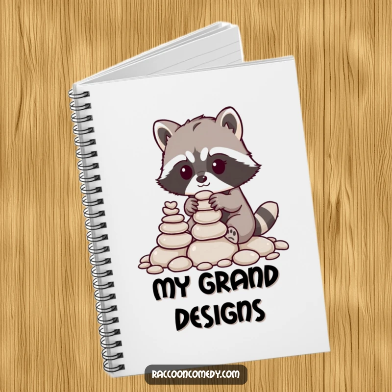 Funny raccoon notebook, perfect for writing, featuring a raccoon with nimble paws stacking pebbles, for school or office.